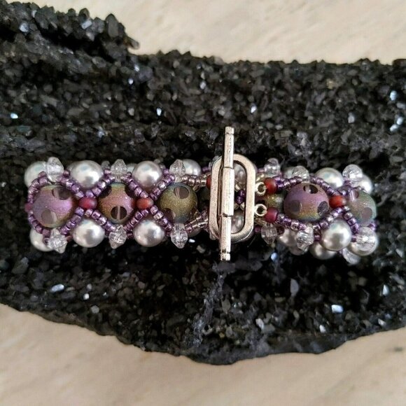 Set of Multi Color Glass Beads Faux Gray Pearl Bracelet Clip On Dangle Earrings - Picture 5 of 5